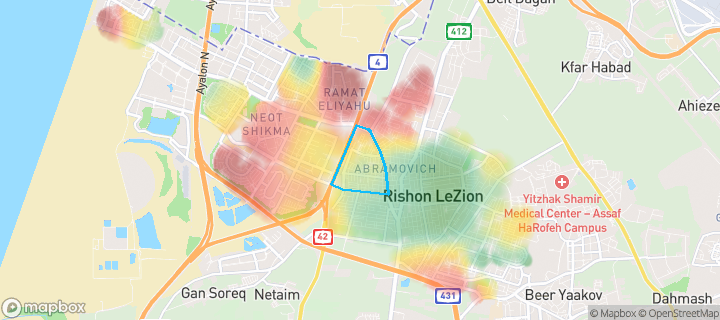 מפת חום של מחירי הנדל"ן בשכונת כצנלסון, ראשון לציון — אזורים יקרים בגווני חם, אזורים זולים בגווני קר