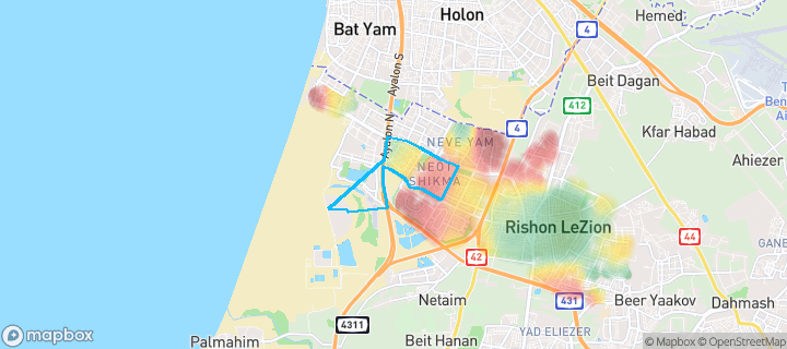 מפת חום של מחירי הנדל"ן בשכונת נאות שיקמה, ראשון לציון — אזורים יקרים בגווני חם, אזורים זולים בגווני קר