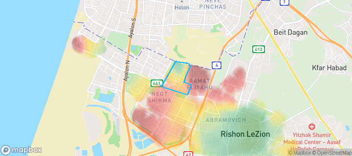 מפת חום של מחירי הנדל"ן בשכונת נווה ים, ראשון לציון — אזורים יקרים בגווני חם, אזורים זולים בגווני קר