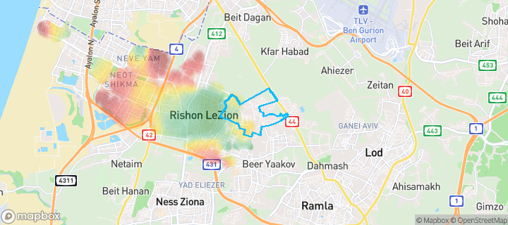 מפת חום של מחירי הנדל"ן בשכונת נוריות, ראשון לציון — אזורים יקרים בגווני חם, אזורים זולים בגווני קר