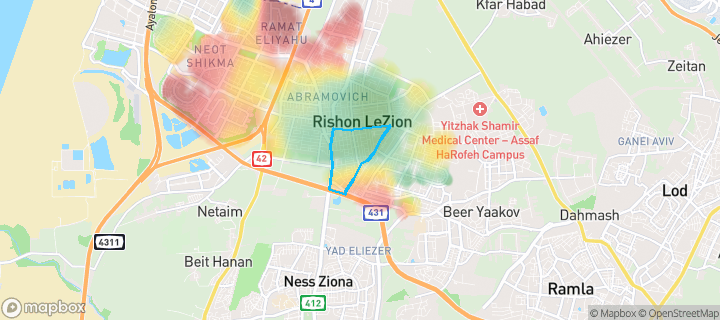 מפת חום של מחירי הנדל"ן בשכונת ראשונים, ראשון לציון — אזורים יקרים בגווני חם, אזורים זולים בגווני קר