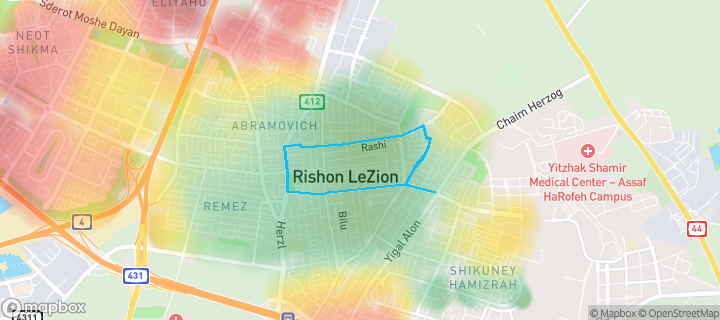 מפת חום של מחירי הנדל"ן בשכונת רמב"ם, ראשון לציון — אזורים יקרים בגווני חם, אזורים זולים בגווני קר