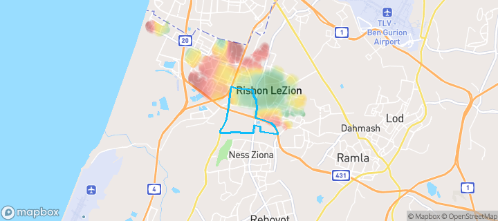 מפת חום של מחירי הנדל"ן בשכונת רמז, מערב ותיק, ראשון לציון — אזורים יקרים בגווני חם, אזורים זולים בגווני קר