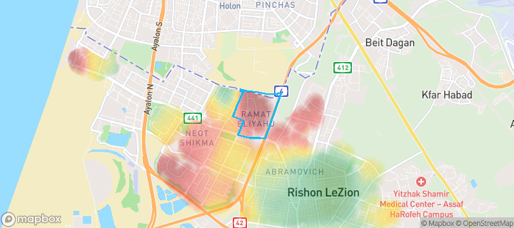 מפת חום של מחירי הנדל"ן בשכונת רמת אליהו, ראשון לציון — אזורים יקרים בגווני חם, אזורים זולים בגווני קר