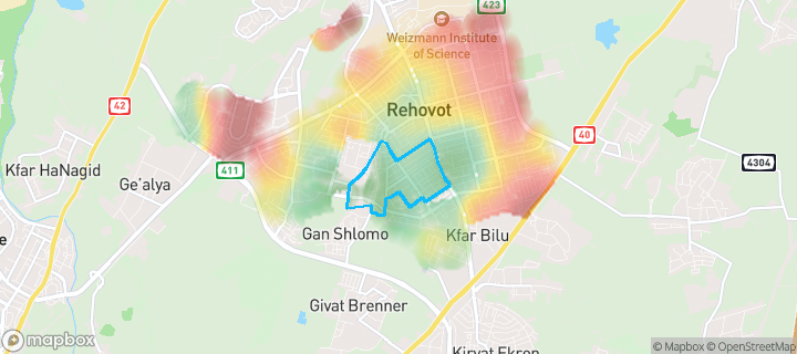 מפת חום של מחירי הנדל"ן בשכונת מרמורק, רחובות — אזורים יקרים בגווני חם, אזורים זולים בגווני קר