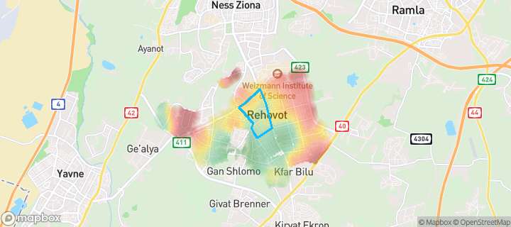 מפת חום של מחירי הנדל"ן בשכונת נווה יהודה, רחובות — אזורים יקרים בגווני חם, אזורים זולים בגווני קר