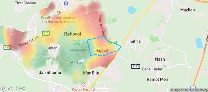 מפת חום של מחירי הנדל"ן בשכונת קרית דוד, רחובות — אזורים יקרים בגווני חם, אזורים זולים בגווני קר