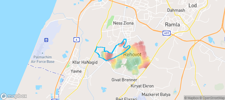 מפת חום של מחירי הנדל"ן בשכונת רחובות ההולנדית, רחובות — אזורים יקרים בגווני חם, אזורים זולים בגווני קר