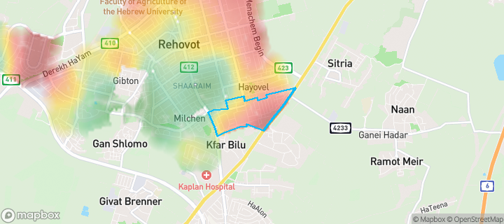 מפת חום של מחירי הנדל"ן בשכונת רמת אהרון, רחובות — אזורים יקרים בגווני חם, אזורים זולים בגווני קר