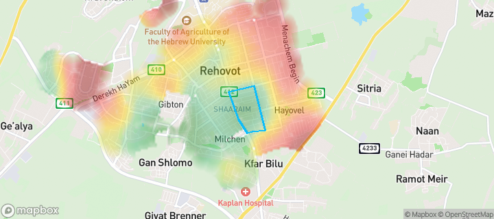 מפת חום של מחירי הנדל"ן בשכונת שעריים, רחובות — אזורים יקרים בגווני חם, אזורים זולים בגווני קר