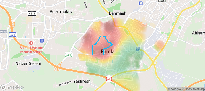 מפת חום של מחירי הנדל"ן בשכונת אשכול, רמלה — אזורים יקרים בגווני חם, אזורים זולים בגווני קר