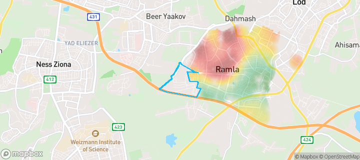 מפת חום של מחירי הנדל"ן בשכונת ג'ואריש, רמלה — אזורים יקרים בגווני חם, אזורים זולים בגווני קר