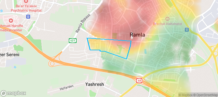מפת חום של מחירי הנדל"ן בשכונת גני דן, רמלה — אזורים יקרים בגווני חם, אזורים זולים בגווני קר
