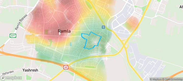 מפת חום של מחירי הנדל"ן בשכונת דרום מזרח, רמלה — אזורים יקרים בגווני חם, אזורים זולים בגווני קר