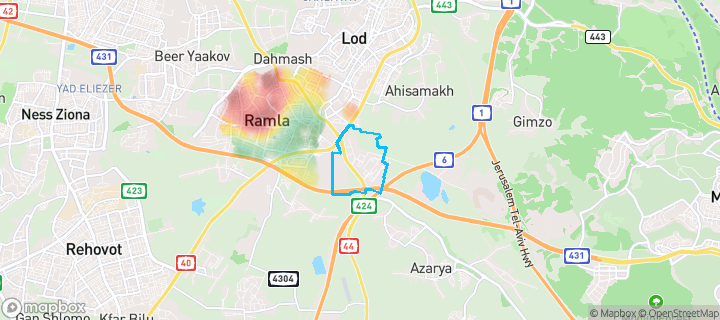 מפת חום של מחירי הנדל"ן בשכונת מזרח 1, רמלה — אזורים יקרים בגווני חם, אזורים זולים בגווני קר