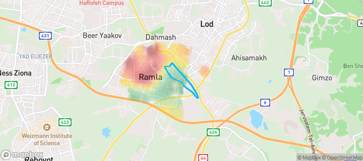מפת חום של מחירי הנדל"ן בשכונת מזרח 2, רמלה — אזורים יקרים בגווני חם, אזורים זולים בגווני קר