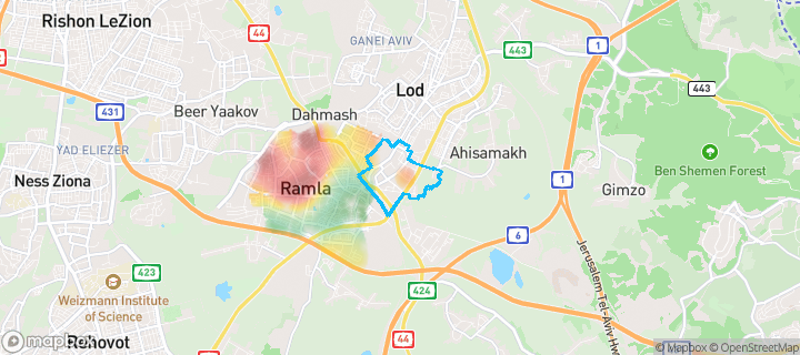 מפת חום של מחירי הנדל"ן בשכונת נאות יצחק, רמלה — אזורים יקרים בגווני חם, אזורים זולים בגווני קר