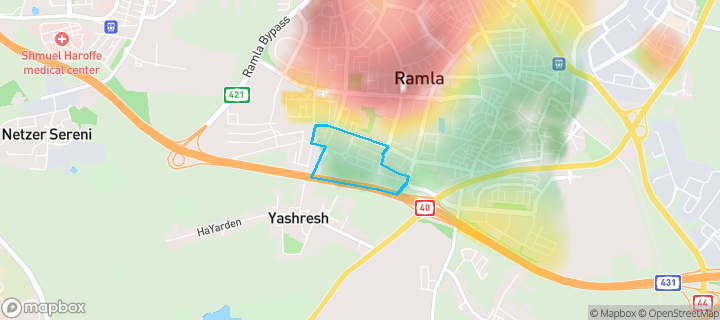 מפת חום של מחירי הנדל"ן בשכונת נאות רבין, רמלה — אזורים יקרים בגווני חם, אזורים זולים בגווני קר
