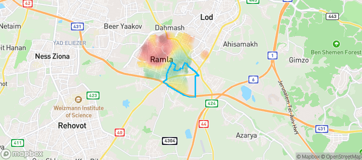 מפת חום של מחירי הנדל"ן בשכונת קריית האמנים, רמלה — אזורים יקרים בגווני חם, אזורים זולים בגווני קר