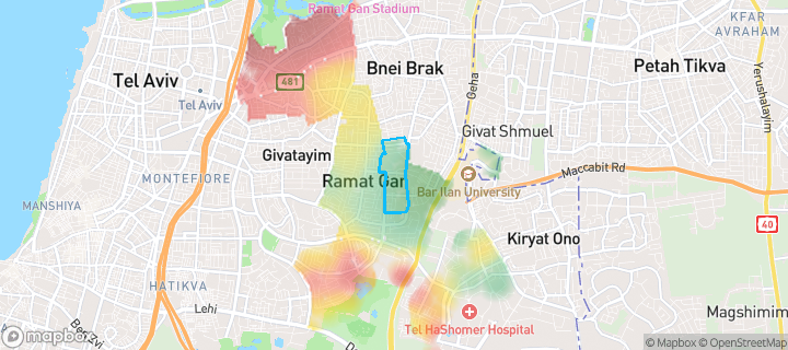 מפת חום של מחירי הנדל"ן בשכונת מזרחי, רמת גן — אזורים יקרים בגווני חם, אזורים זולים בגווני קר