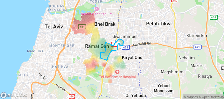 מפת חום של מחירי הנדל"ן בשכונת נאות אריאל שרון, רמת גן — אזורים יקרים בגווני חם, אזורים זולים בגווני קר
