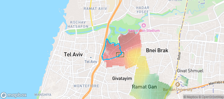 מפת חום של מחירי הנדל"ן בשכונת תל בנימין, רמת גן — אזורים יקרים בגווני חם, אזורים זולים בגווני קר