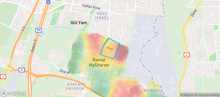 מפת חום של מחירי הנדל"ן בשכונת אלון, רמת השרון — אזורים יקרים בגווני חם, אזורים זולים בגווני קר