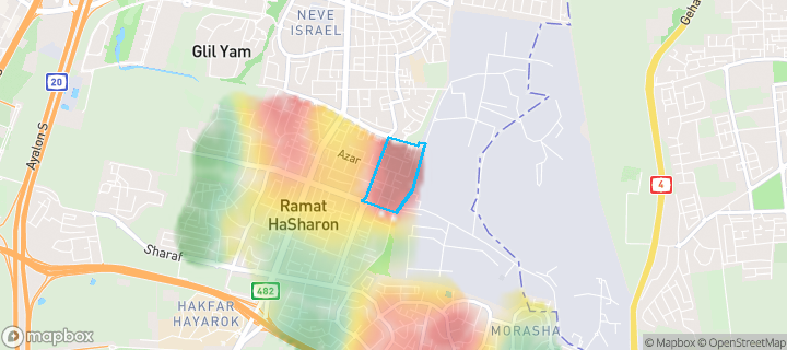 מפת חום של מחירי הנדל"ן בשכונת ארינה, רמת השרון — אזורים יקרים בגווני חם, אזורים זולים בגווני קר