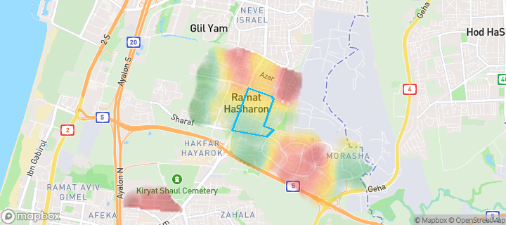 מפת חום של מחירי הנדל"ן בשכונת הדר, רמת השרון — אזורים יקרים בגווני חם, אזורים זולים בגווני קר