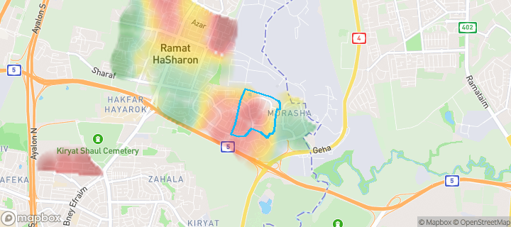 מפת חום של מחירי הנדל"ן בשכונת מורשה ג', רמת השרון — אזורים יקרים בגווני חם, אזורים זולים בגווני קר