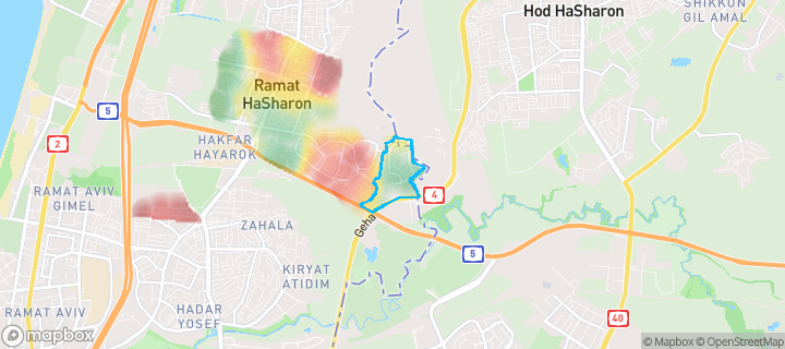 מפת חום של מחירי הנדל"ן בשכונת מורשה, רמת השרון — אזורים יקרים בגווני חם, אזורים זולים בגווני קר