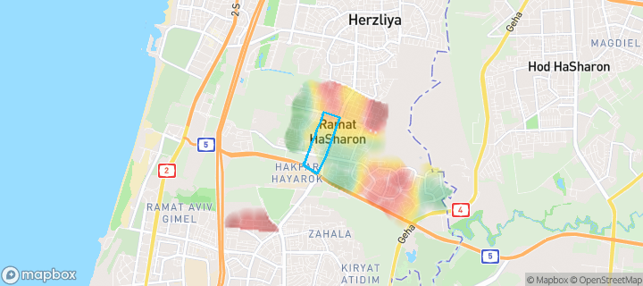 מפת חום של מחירי הנדל"ן בשכונת נווה רום, רמת השרון — אזורים יקרים בגווני חם, אזורים זולים בגווני קר