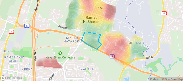 מפת חום של מחירי הנדל"ן בשכונת נווה רסקו, רמת השרון — אזורים יקרים בגווני חם, אזורים זולים בגווני קר