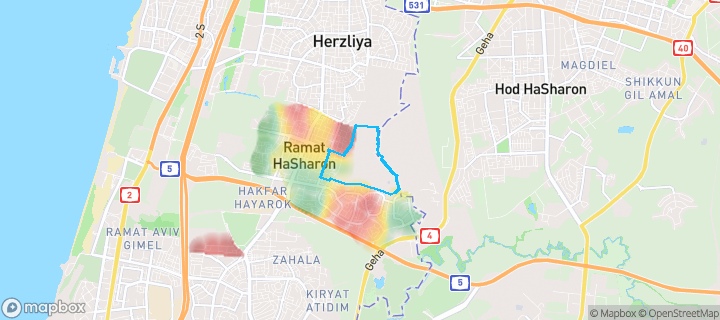 מפת חום של מחירי הנדל"ן בשכונת עממי, רמת השרון — אזורים יקרים בגווני חם, אזורים זולים בגווני קר