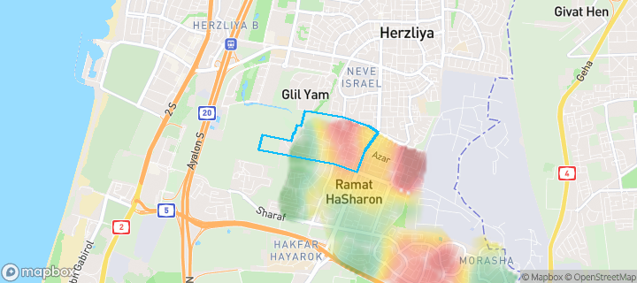 מפת חום של מחירי הנדל"ן בשכונת קרית יערים, רמת השרון — אזורים יקרים בגווני חם, אזורים זולים בגווני קר