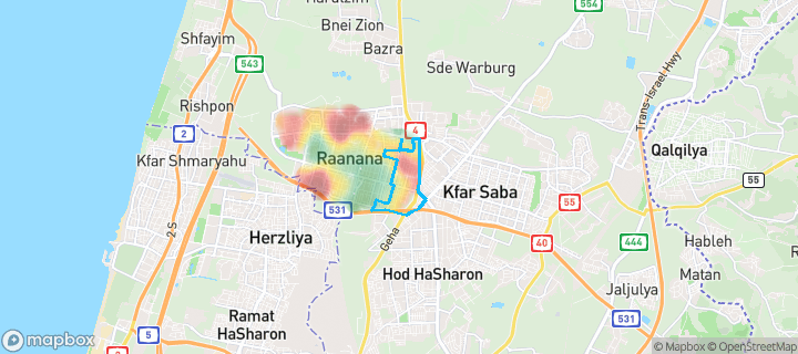 מפת חום של מחירי הנדל"ן בשכונת לסטר, רעננה — אזורים יקרים בגווני חם, אזורים זולים בגווני קר