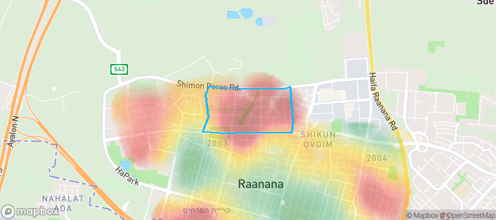 מפת חום של מחירי הנדל"ן בשכונת נווה זמר, רעננה — אזורים יקרים בגווני חם, אזורים זולים בגווני קר