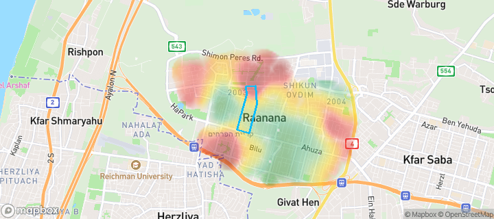 מפת חום של מחירי הנדל"ן בשכונת עמידר, רעננה — אזורים יקרים בגווני חם, אזורים זולים בגווני קר