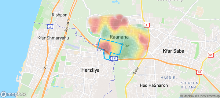 מפת חום של מחירי הנדל"ן בשכונת קריית הפרחים, רעננה — אזורים יקרים בגווני חם, אזורים זולים בגווני קר