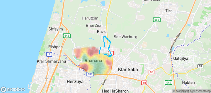 מפת חום של מחירי הנדל"ן בשכונת קרית אתגרים, רעננה — אזורים יקרים בגווני חם, אזורים זולים בגווני קר