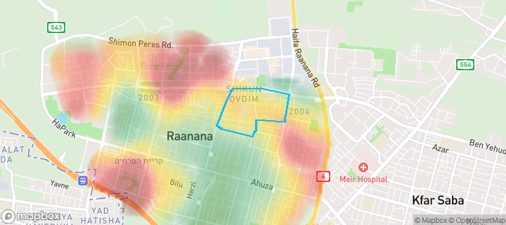 מפת חום של מחירי הנדל"ן בשכונת קרית גולומב, רעננה — אזורים יקרים בגווני חם, אזורים זולים בגווני קר