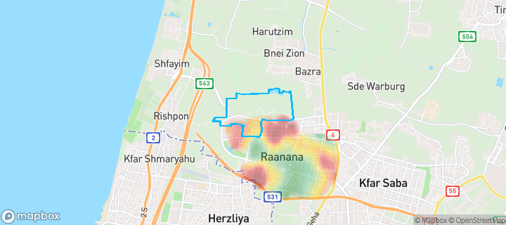 מפת חום של מחירי הנדל"ן בשכונת קרית שרת, רעננה — אזורים יקרים בגווני חם, אזורים זולים בגווני קר