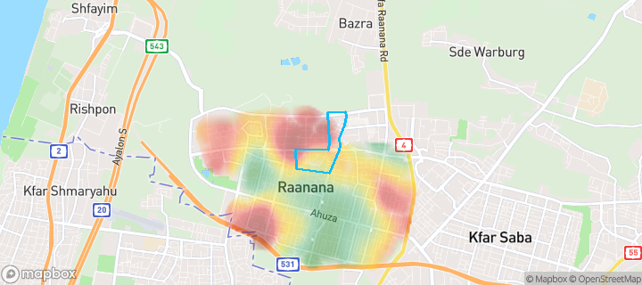מפת חום של מחירי הנדל"ן בשכונת רסקו (קריית בן צבי), רעננה — אזורים יקרים בגווני חם, אזורים זולים בגווני קר