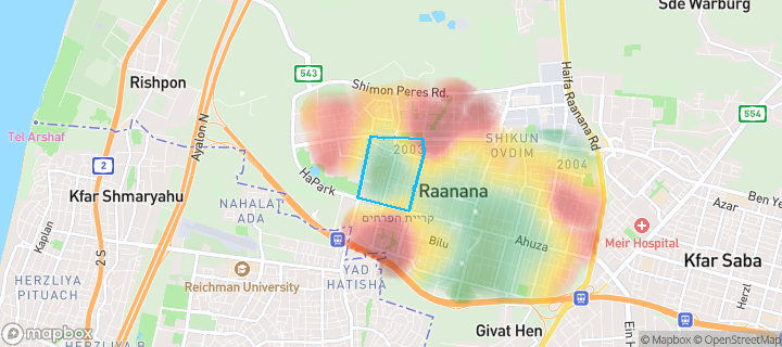 מפת חום של מחירי הנדל"ן בשכונת שיכון אשר, רעננה — אזורים יקרים בגווני חם, אזורים זולים בגווני קר