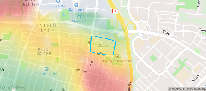 מפת חום של מחירי הנדל"ן בשכונת 2004 - קריית האוניברסיטה, רעננה — אזורים יקרים בגווני חם, אזורים זולים בגווני קר