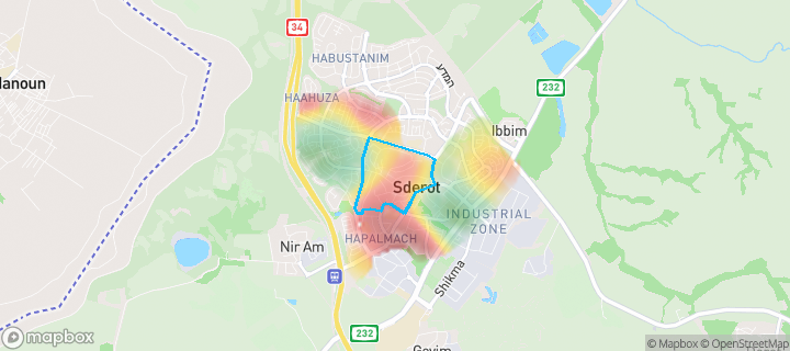 מפת חום של מחירי הנדל"ן בשכונת נאות המייסדים, שדרות — אזורים יקרים בגווני חם, אזורים זולים בגווני קר