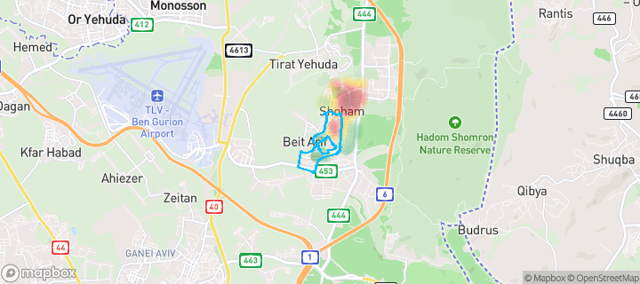 מפת חום של מחירי הנדל"ן בשכונת דרום מערב, שהם — אזורים יקרים בגווני חם, אזורים זולים בגווני קר