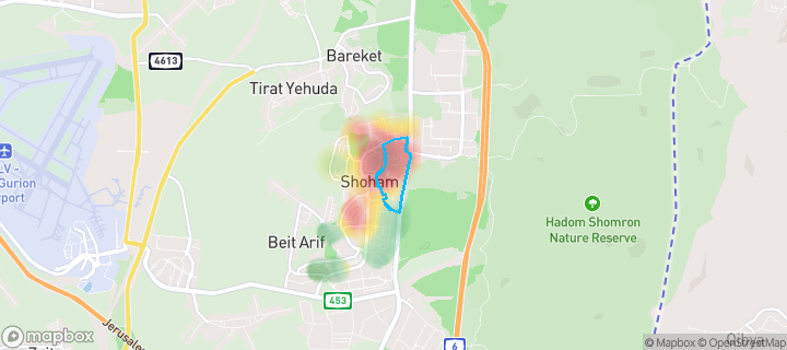 מפת חום של מחירי הנדל"ן בשכונת מרכז, שהם — אזורים יקרים בגווני חם, אזורים זולים בגווני קר