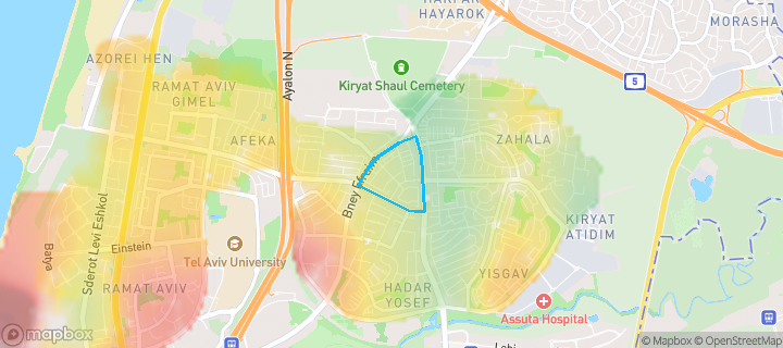מפת חום של מחירי הנדל"ן בשכונת 'נאות אפקה ב, תל אביב יפו — אזורים יקרים בגווני חם, אזורים זולים בגווני קר