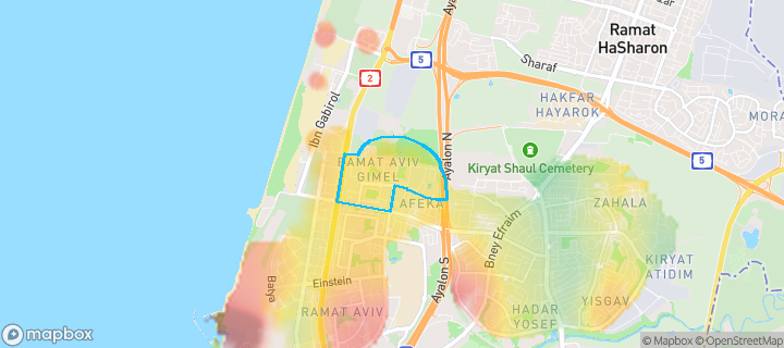 מפת חום של מחירי הנדל"ן בשכונת 'רמת אביב ג, תל אביב יפו — אזורים יקרים בגווני חם, אזורים זולים בגווני קר